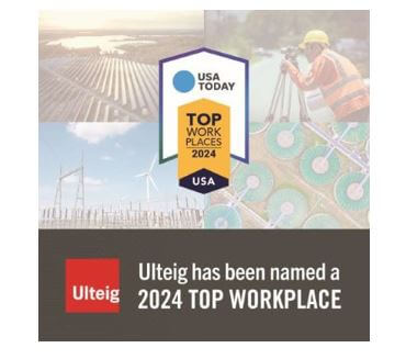 graphic of USA top workplace 2024 with 4 pictures behind it, including: solar panels next to a lake, surveryor looking through camera, wind turbines next to a substation, water treatment plant