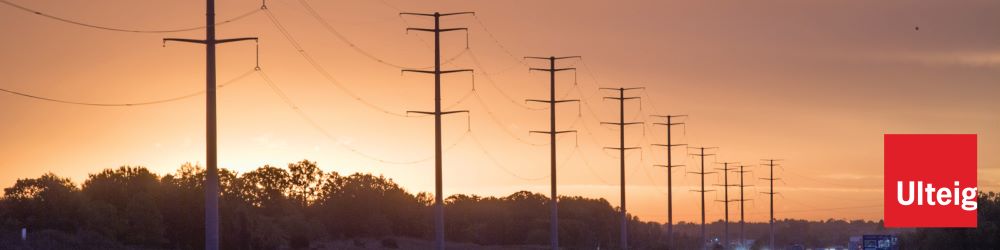 banner picture of sunset behind transmission lines with ULTEIG logo