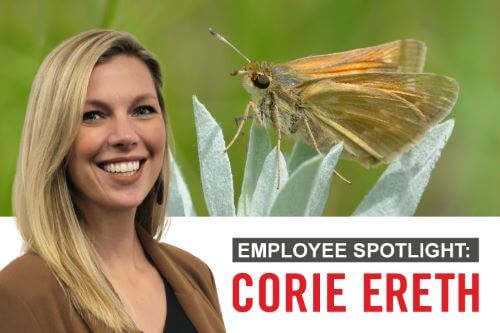 woman smiling with a photo of a butterfly behind her. TEXT Employee Spotlight: Corie Ereth