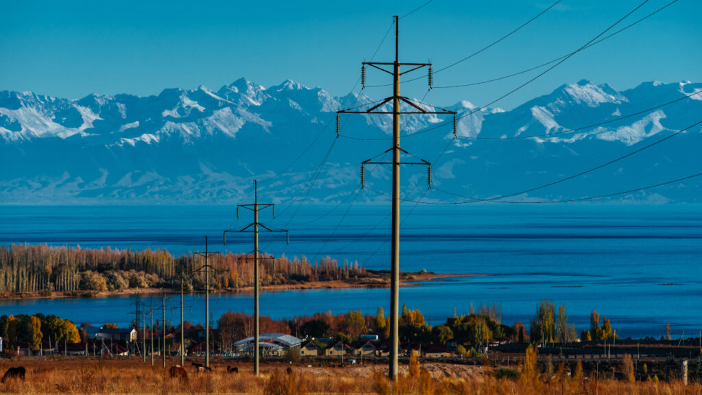tranmission lines with mountains behind