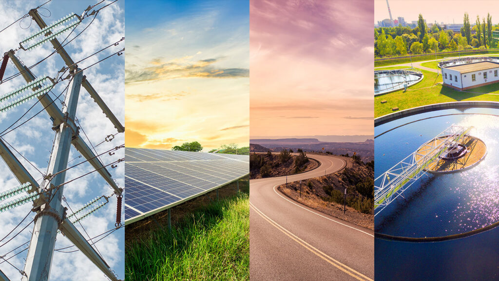 Transmission line, solar panel, winding road, water treatment plant